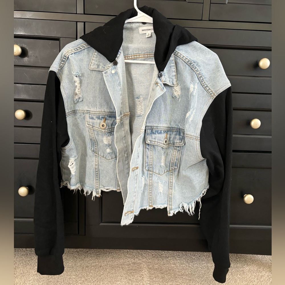 Vici Cropped Denim Jacket with Sweater sleeves